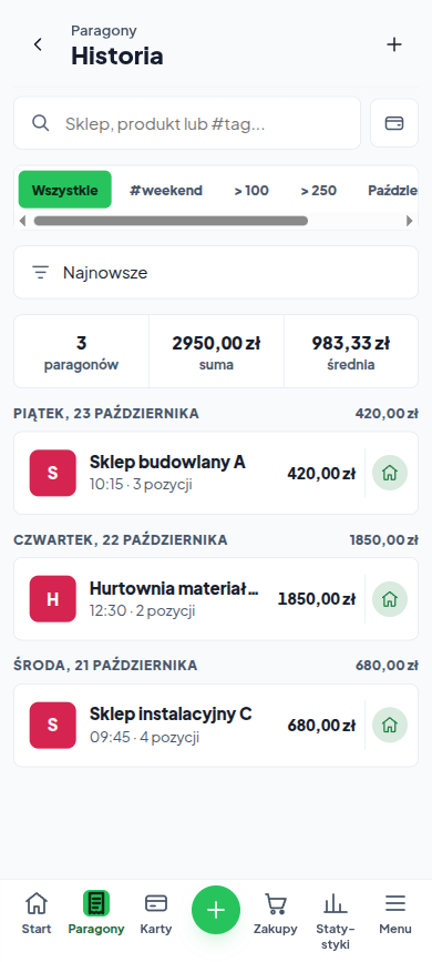 Historia trzech przykładowych zakupów budowlanych w Paragonowo o łącznej wartości 2 950 zł, przypisanych do portfela Budowa