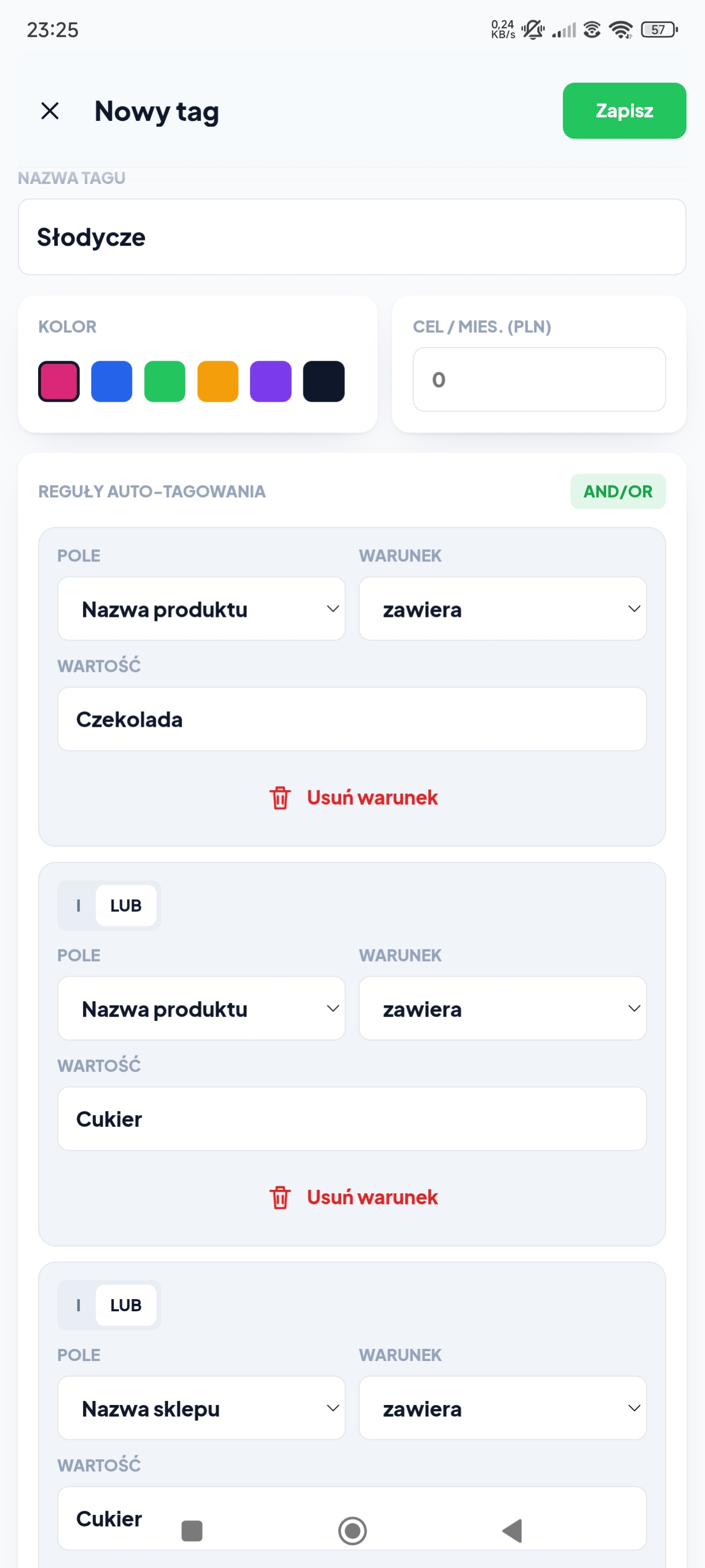 Tworzenie tagu: kolor, cel miesięczny i reguły automatycznego tagowania według produktu lub sklepu